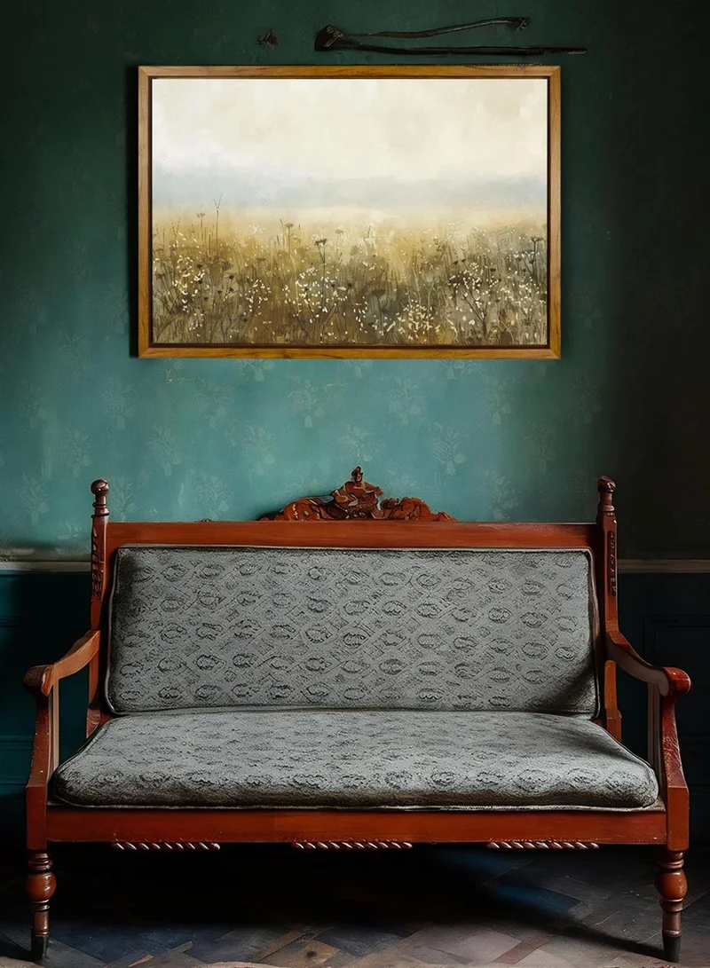 LOWHA Canvas Wall Art Stretched Over Wooden Frame with Wooden Color Floating Frame and Vintage Style Flowers Field Painting