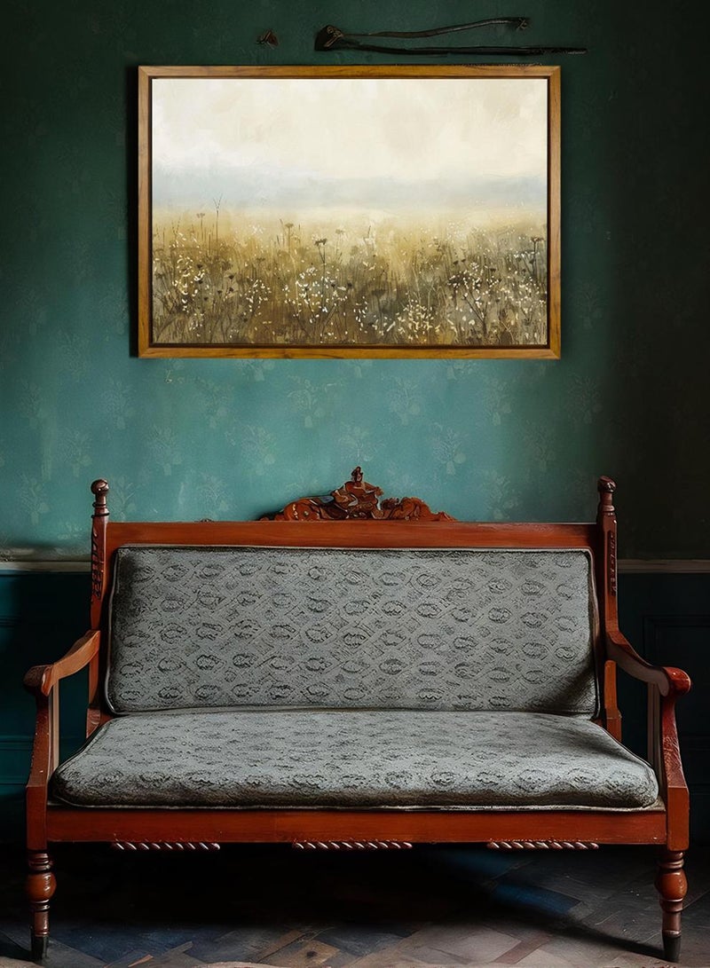 LOWHA Canvas Wall Art Stretched Over Wooden Frame with Wooden Color Floating Frame and Vintage Style Flowers Field Painting - Image 3