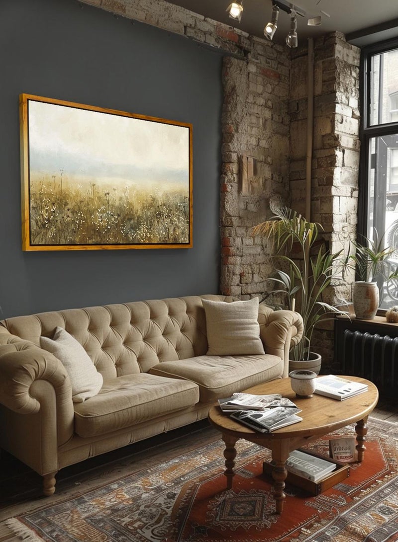 LOWHA Canvas Wall Art Stretched Over Wooden Frame with Wooden Color Floating Frame and Vintage Style Flowers Field Painting - Image 2