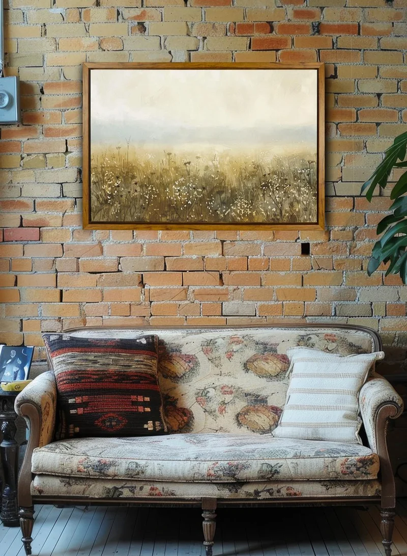 LOWHA Canvas Wall Art Stretched Over Wooden Frame with Wooden Color Floating Frame and Vintage Style Flowers Field Painting