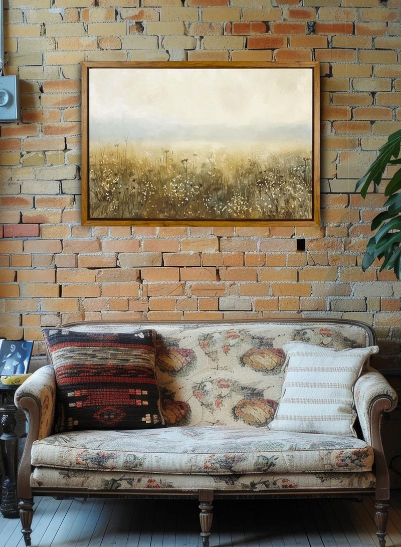 LOWHA Canvas Wall Art Stretched Over Wooden Frame with Wooden Color Floating Frame and Vintage Style Flowers Field Painting - Image 4