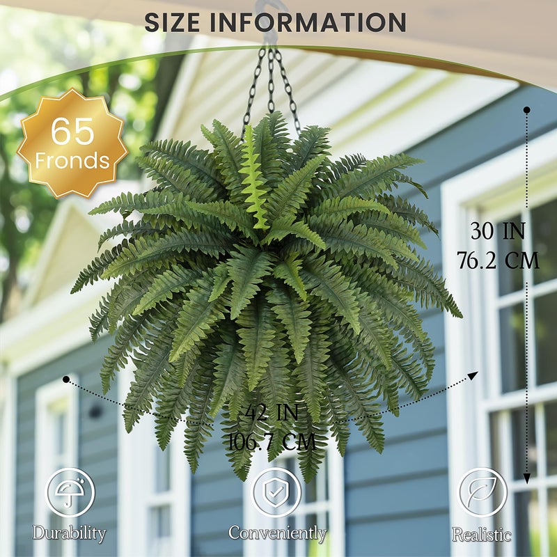 FOREST PRINCE 42" Artificial Boston Fern Large Bush Plants, 2 Bundles of Fake Ferns with 65 Fronds for Outdoors Home Decor - Image 2