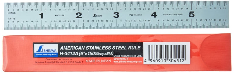 Shinwa H-3412A 6" 150 mm Rigid English Metric Zero Glare Satin Chrome Stainless Steel E/M Machinist Engineer Ruler/Rule with Graduations in 1/64, 1/32, mm and .5 mm - Image 1