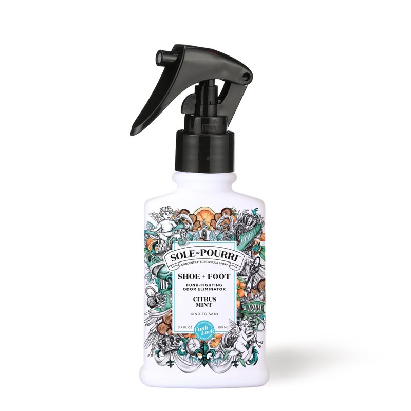 Poo-Pourri Sole-Pourri Shoe Deodorizer + Foot Spray, 3.4 Fl Oz, Up to 150 Uses, Funk-Fighting Odor Freshener with Essential Oils, for Smelly Shoes, Feet & Gym Bags, Citrus & Mint Scent - Image 1