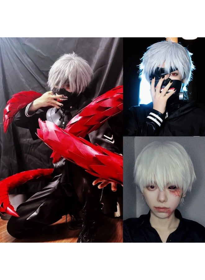ANOGOL Hair Cap+ Short White Wig for Men Silver White Men's Cosplay Wig Short Silver Mixed White Anime Wigs with Bangs Ivory Hair Straight Fluffy Silvery Halloween Wigs Christmas Party Costume - Image 2