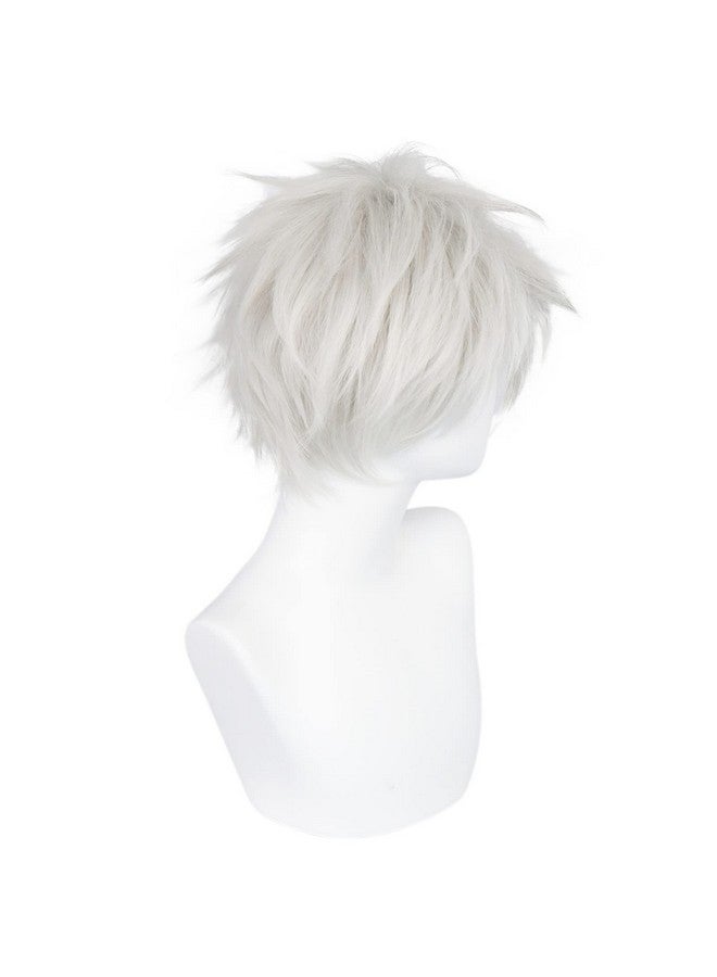 ANOGOL Hair Cap+ Short White Wig for Men Silver White Men's Cosplay Wig Short Silver Mixed White Anime Wigs with Bangs Ivory Hair Straight Fluffy Silvery Halloween Wigs Christmas Party Costume - Image 3