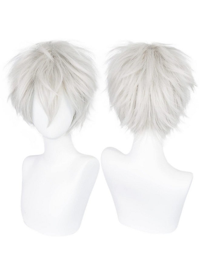 ANOGOL Hair Cap+ Short White Wig for Men Silver White Men's Cosplay Wig Short Silver Mixed White Anime Wigs with Bangs Ivory Hair Straight Fluffy Silvery Halloween Wigs Christmas Party Costume - Image 1