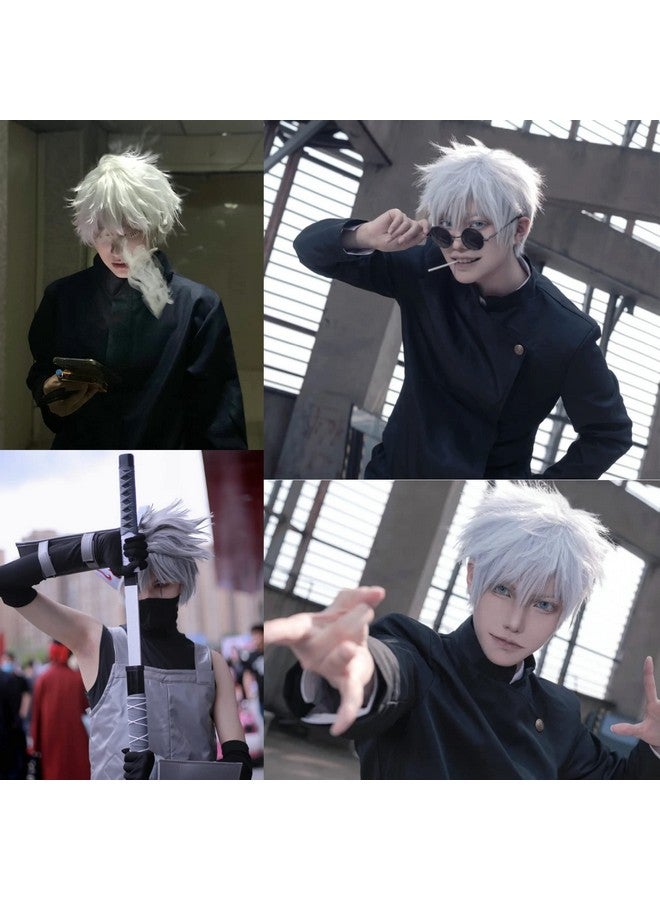 ANOGOL Hair Cap+ Short White Wig for Men Silver White Men's Cosplay Wig Short Silver Mixed White Anime Wigs with Bangs Ivory Hair Straight Fluffy Silvery Halloween Wigs Christmas Party Costume - Image 4