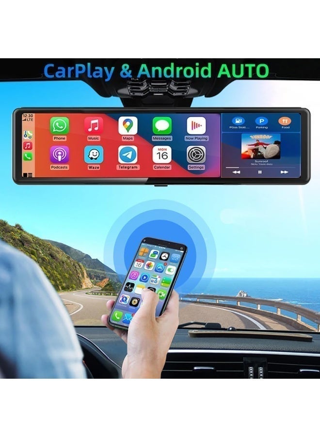 شيزا ستار شاشة Carplay لاسلكية مقاس 11.26 بوصة بدقة 4K، مرآة رؤية خلفية مع مسجل قيادة ومساعد صوتي، تدعم Airplay وCarPlay وAndroid Auto، مزودة بكاميرتين، وشاشة مراقبة لركن السيارة، متوافقة مع جميع السيارات (كاميرا مزدوجة) - Image 3