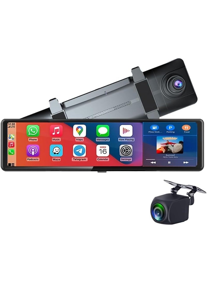 شيزا ستار شاشة Carplay لاسلكية مقاس 11.26 بوصة بدقة 4K، مرآة رؤية خلفية مع مسجل قيادة ومساعد صوتي، تدعم Airplay وCarPlay وAndroid Auto، مزودة بكاميرتين، وشاشة مراقبة لركن السيارة، متوافقة مع جميع السيارات (كاميرا مزدوجة) - Image 1