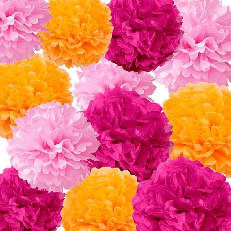 GAKA Hot Pink(Rose Red),Pink,Orange Tissue Paper Pom Poms Decorations Use in Party ,10 inch and 12inch Hanging Tissue Flowers,12 PC,3 Colors Set for Ceiling or Wall Decorations - Image 1