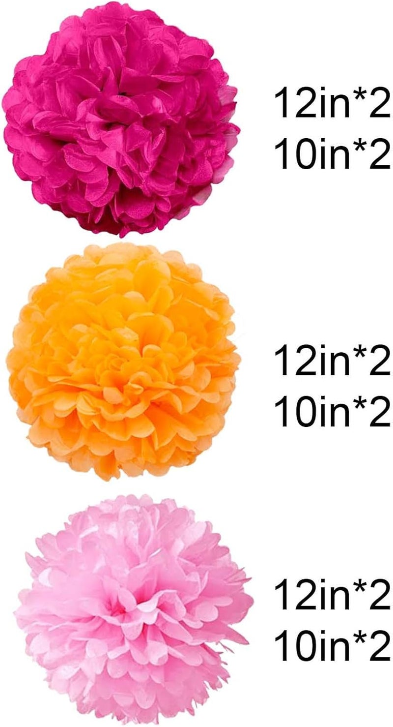 GAKA Hot Pink(Rose Red),Pink,Orange Tissue Paper Pom Poms Decorations Use in Party ,10 inch and 12inch Hanging Tissue Flowers,12 PC,3 Colors Set for Ceiling or Wall Decorations - Image 2