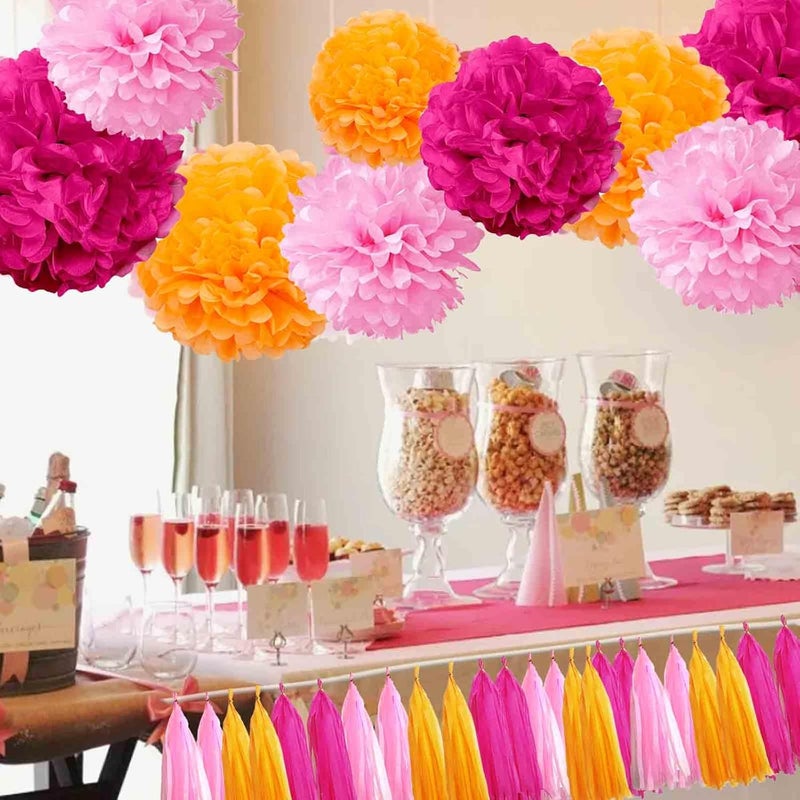 GAKA Hot Pink(Rose Red),Pink,Orange Tissue Paper Pom Poms Decorations Use in Party ,10 inch and 12inch Hanging Tissue Flowers,12 PC,3 Colors Set for Ceiling or Wall Decorations - Image 3
