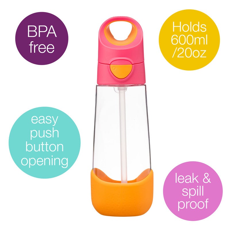 B.Box Big Kids Tritan™ Drink Bottle with Straw | Leakproof Push Button Lid | Ergonomic Triangle Grip | BPA-Free Reusable Water Bottle for School Kids | 600ml-Strawberry Shake - Image 2
