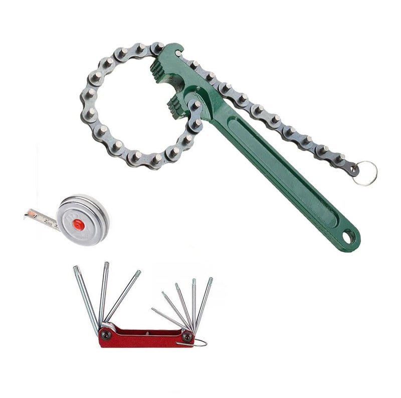 Digital Craft 3 Item Combo 9 Inch MultiPurpose Motorcycle Car Engine Oil Filter Chain Wrench Spanner Removal Tool 225 Adjustable Wrench With Chain Wrench Folding Trox Allen Key 2mtr Steel Tape - Image 1
