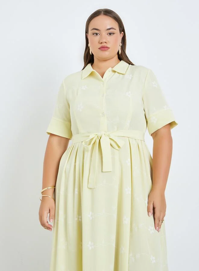 ستايلي Plus Size Yellow Floral Print Shirt Maxi Dress