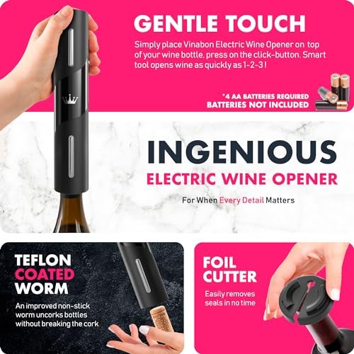 VINABON Battery-Operated Wine Opener - Premium 2025 Electric Wine Bottle Opener with Wine Foil Cutter - One-Click Reusable Automatic Electronic Wine Opener Corkscrew. Includes WineGuide Ebook - Image 4