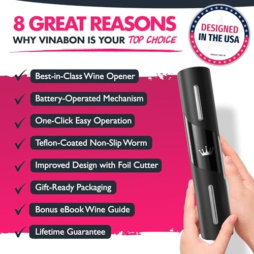 VINABON Battery-Operated Wine Opener - Premium 2025 Electric Wine Bottle Opener with Wine Foil Cutter - One-Click Reusable Automatic Electronic Wine Opener Corkscrew. Includes WineGuide Ebook - Image 2