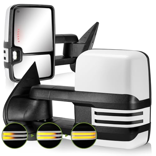 SIZIOM Switchback Tow Mirrors for 2007-2013 Chevy Silverado Avalanche Suburban Tahoe/GMC Sierra Yukon with Sequential Turn Signal & Running Light Backup Lamp (Painted White) - Image 1