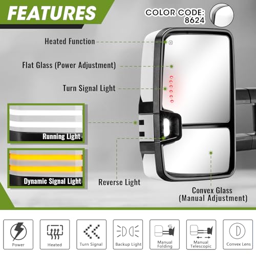 SIZIOM Switchback Tow Mirrors for 2007-2013 Chevy Silverado Avalanche Suburban Tahoe/GMC Sierra Yukon with Sequential Turn Signal & Running Light Backup Lamp (Painted White) - Image 3
