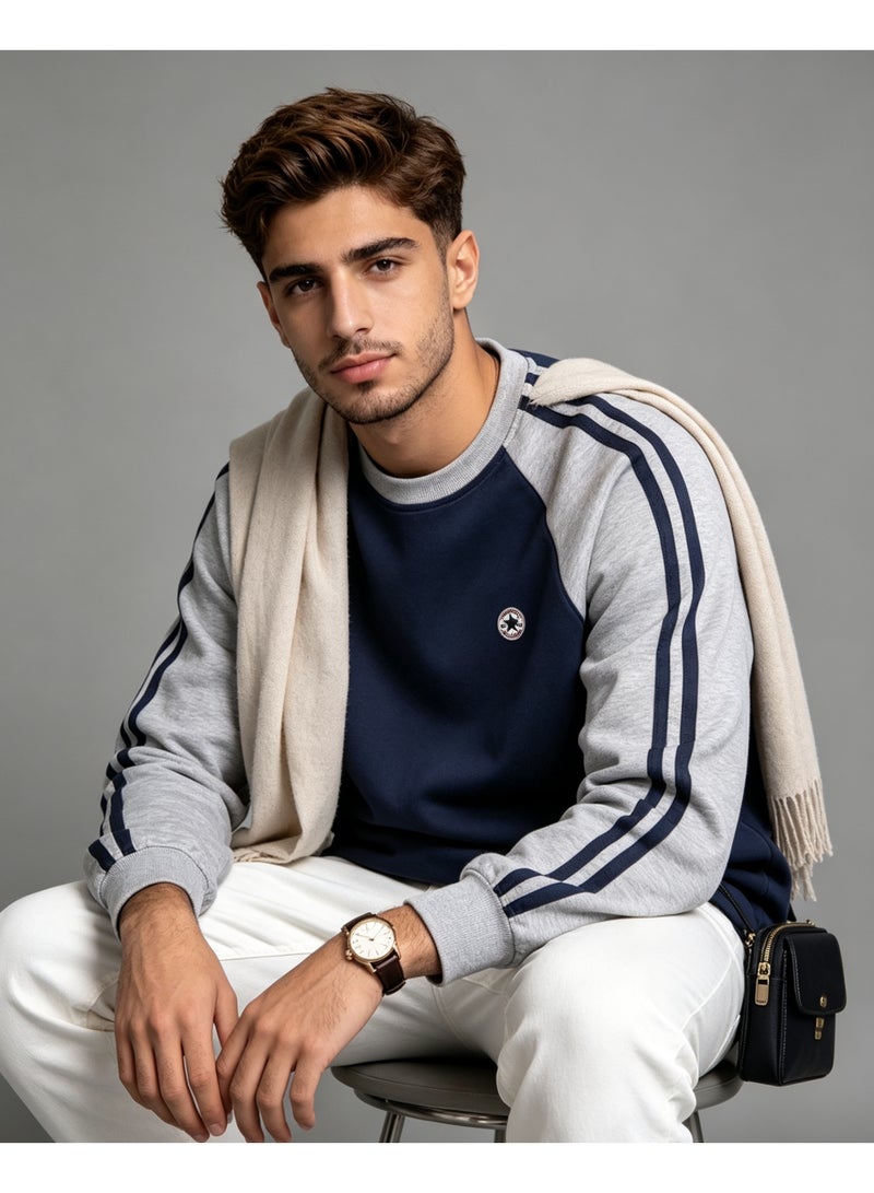 Converse Unisex Raglan Long Sleeve T‑Shirt, Side Stripes Casual Loose Fit Daily Wear Top, Navy Blue - Image 3