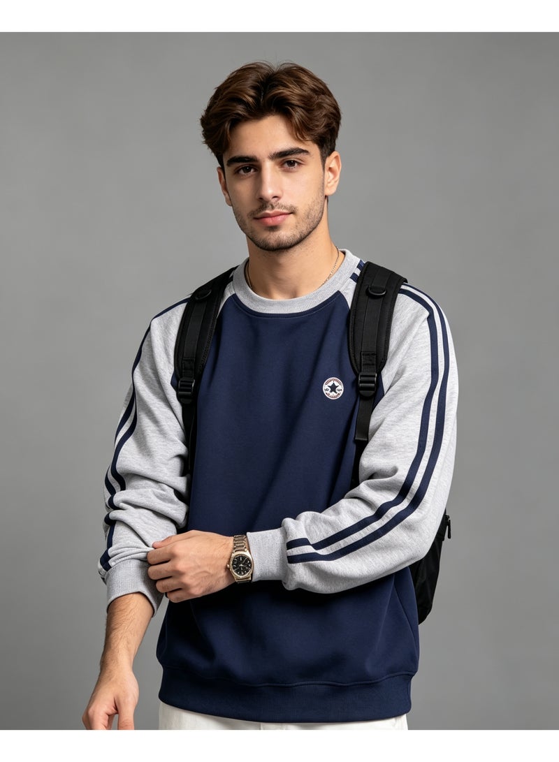 Converse Unisex Raglan Long Sleeve T‑Shirt, Side Stripes Casual Loose Fit Daily Wear Top, Navy Blue - Image 1