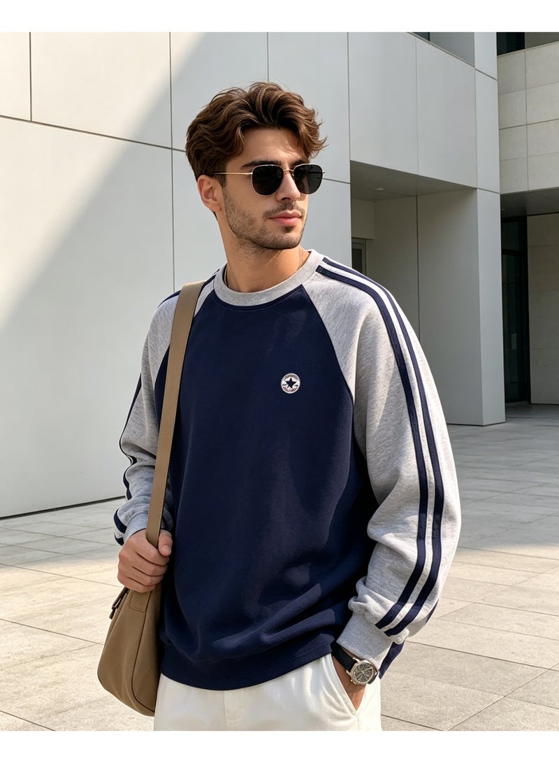 Converse Unisex Raglan Long Sleeve T‑Shirt, Side Stripes Casual Loose Fit Daily Wear Top, Navy Blue - Image 4