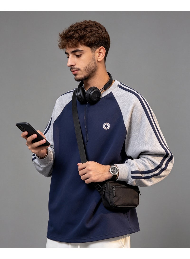Converse Unisex Raglan Long Sleeve T‑Shirt, Side Stripes Casual Loose Fit Daily Wear Top, Navy Blue - Image 2