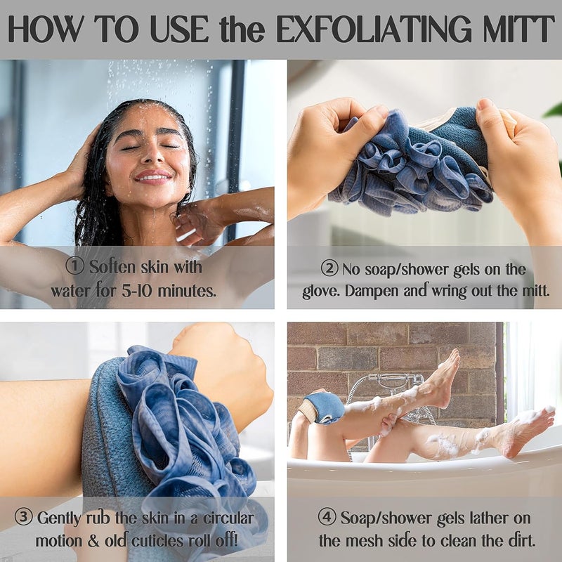kullder Deep Exfoliating Mitt DoubleSided Glove for Shower with Long Exfoliating Washcloth Towel Extreme Body Back Scrubber Exfoliator Body Massage Scrub Bath Shower Loofah Sponge 2Blue - Image 3