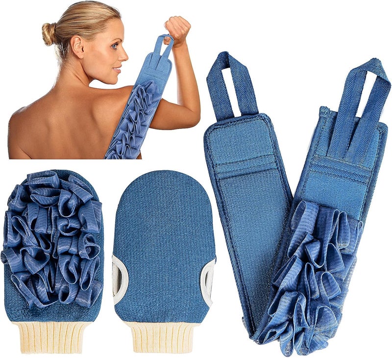 kullder Deep Exfoliating Mitt DoubleSided Glove for Shower with Long Exfoliating Washcloth Towel Extreme Body Back Scrubber Exfoliator Body Massage Scrub Bath Shower Loofah Sponge 2Blue - Image 1