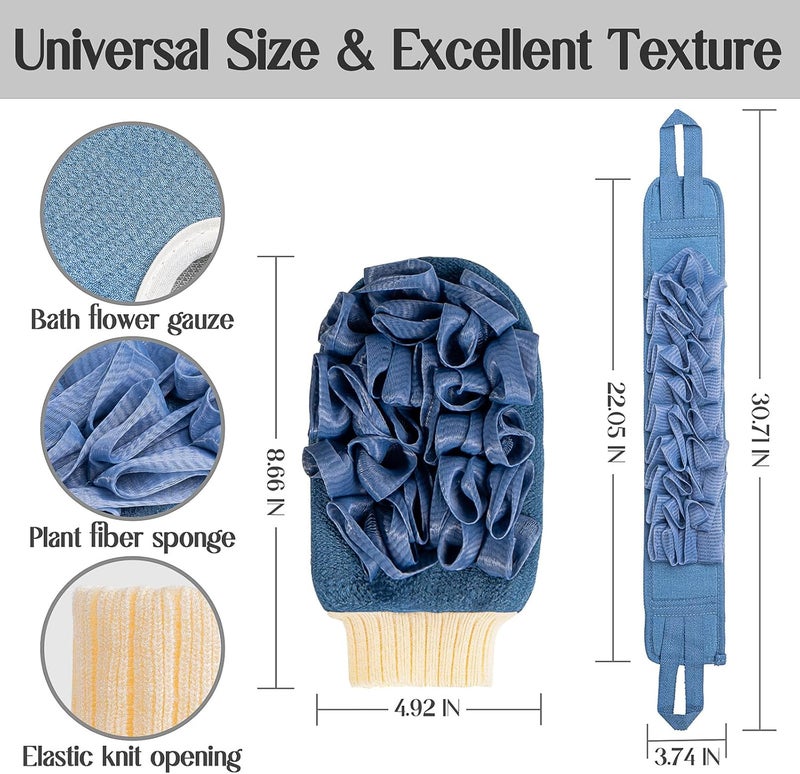 kullder Deep Exfoliating Mitt DoubleSided Glove for Shower with Long Exfoliating Washcloth Towel Extreme Body Back Scrubber Exfoliator Body Massage Scrub Bath Shower Loofah Sponge 2Blue - Image 2