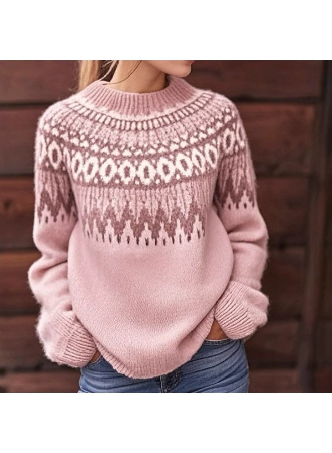 general Womens Fall Vintage Fair Isle Sweater Casual Loose Long Sleeve Crewneck Knitted Pullover Sweater Tops - Image 1