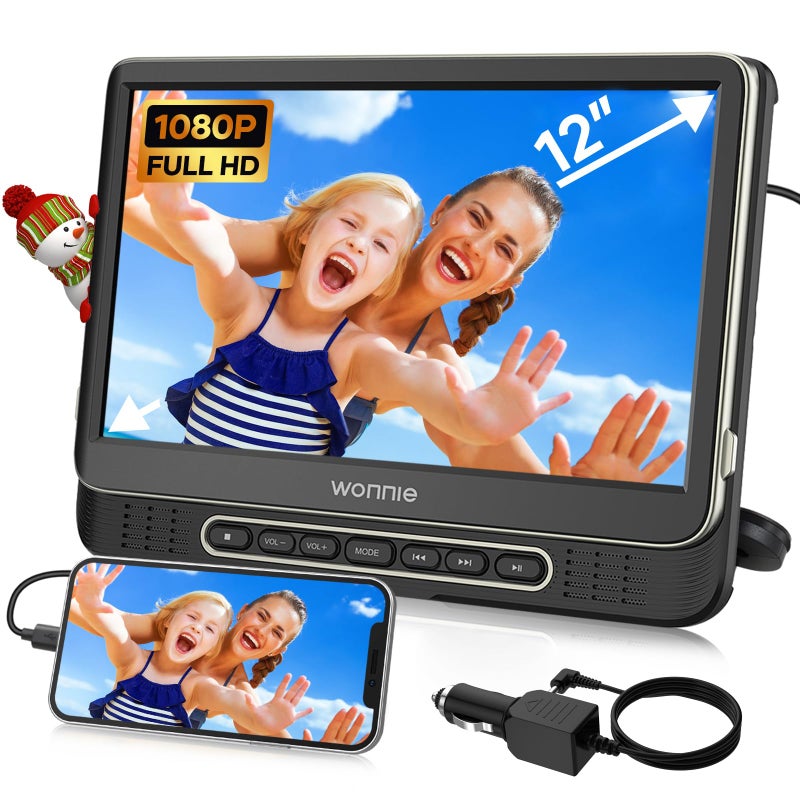 WONNIE مشغل DVD للسيارة، WONNIE مشغل DVD محمول 12" مع حامل رأس، يدعم فيديو 1080P/MP4، مدخل/مخرج HDMI، مخرج AV، محول AC، شاحن سيارة، قارئ بطاقة USB، ذاكرة أخيرة، جميع المناطق - Image 1