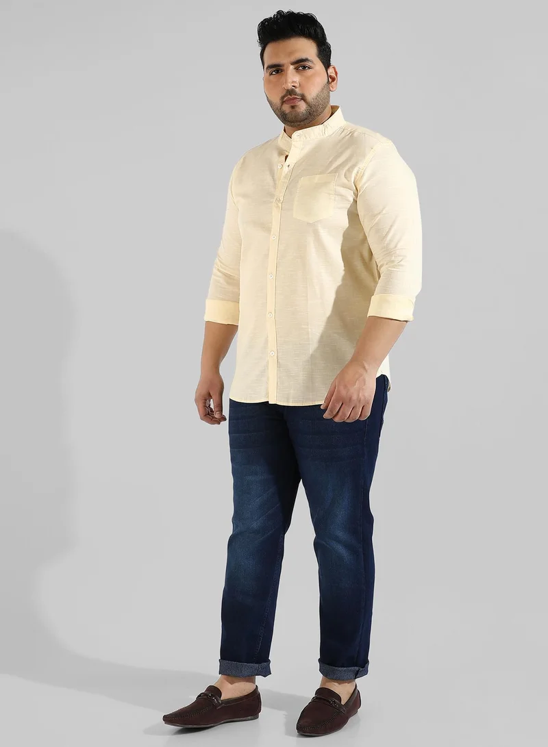 Instafab Plus Men's Solid Yellow Mandarin Collar Button Up Regular Fit Shirt For Casual Wear | Modern Clothing Shirt Crafted With Comfort Fit, Regular Sleeve & High-Performance For Everyday Wear