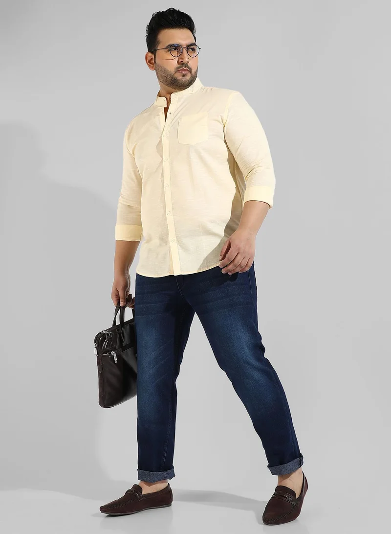 Instafab Plus Men's Solid Yellow Mandarin Collar Button Up Regular Fit Shirt For Casual Wear | Modern Clothing Shirt Crafted With Comfort Fit, Regular Sleeve & High-Performance For Everyday Wear