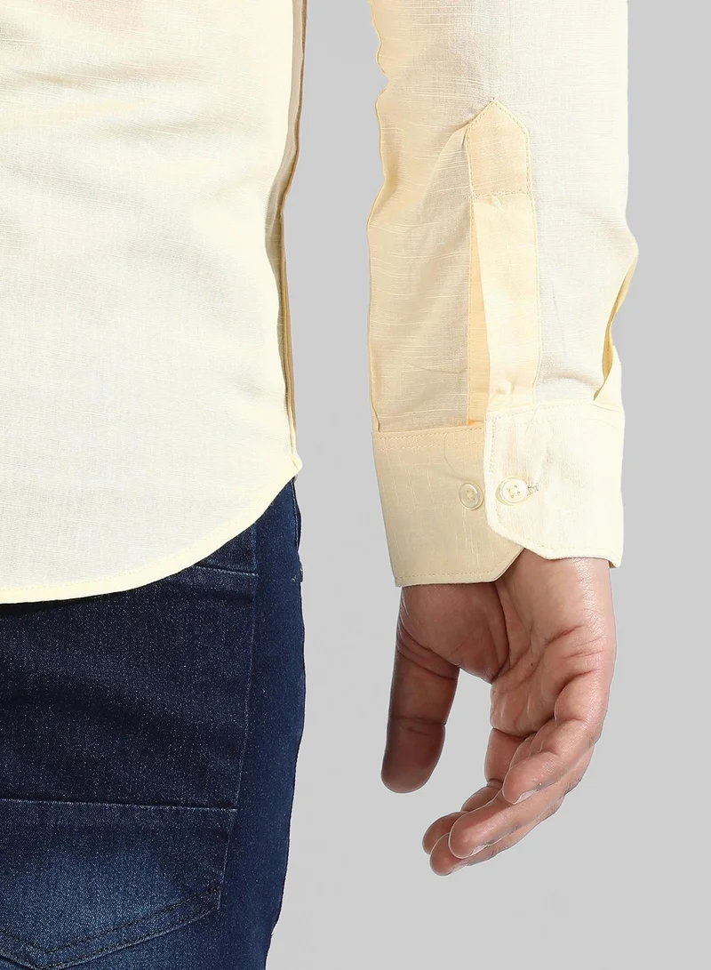Instafab Plus Men's Solid Yellow Mandarin Collar Button Up Regular Fit Shirt For Casual Wear | Modern Clothing Shirt Crafted With Comfort Fit, Regular Sleeve & High-Performance For Everyday Wear