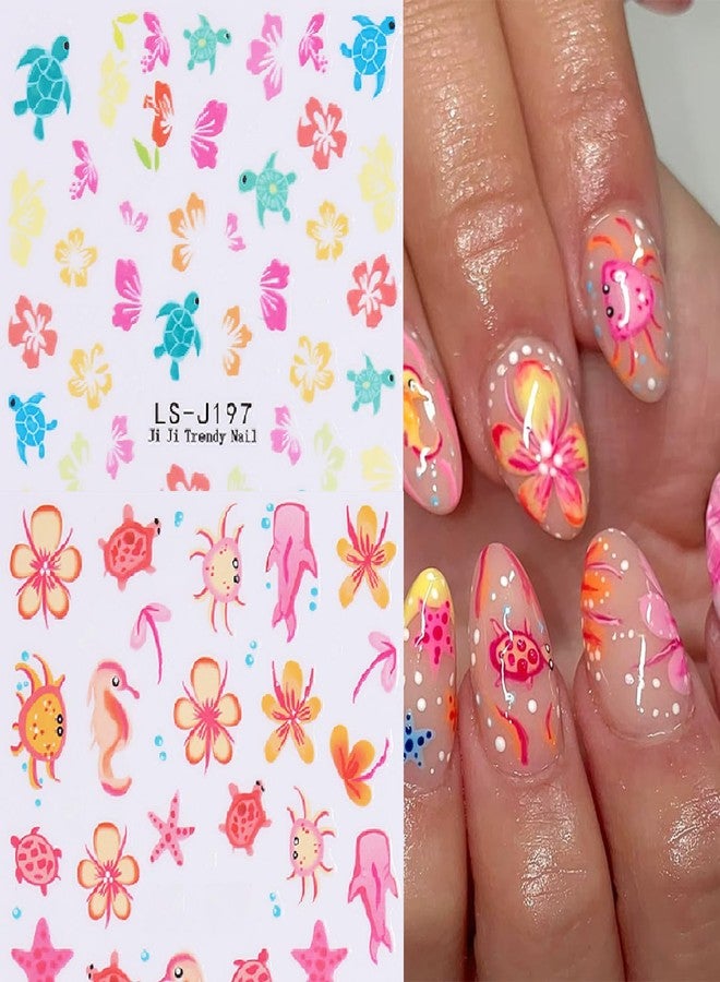 UCCASA Ocean Nail Art Stickers Decals Cartoon Beach Flower Nail Decals 6PCS 3D Self-Adhesive Sea Turtle Starfish Crab Floral Design Manicure Sticker Nail Art Supplies for Women DIY Manicure Nail Decorations - Image 2