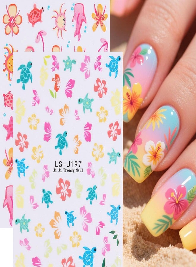 UCCASA Ocean Nail Art Stickers Decals Cartoon Beach Flower Nail Decals 6PCS 3D Self-Adhesive Sea Turtle Starfish Crab Floral Design Manicure Sticker Nail Art Supplies for Women DIY Manicure Nail Decorations - Image 3