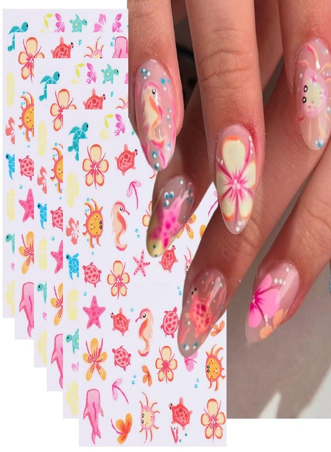 UCCASA Ocean Nail Art Stickers Decals Cartoon Beach Flower Nail Decals 6PCS 3D Self-Adhesive Sea Turtle Starfish Crab Floral Design Manicure Sticker Nail Art Supplies for Women DIY Manicure Nail Decorations - Image 1
