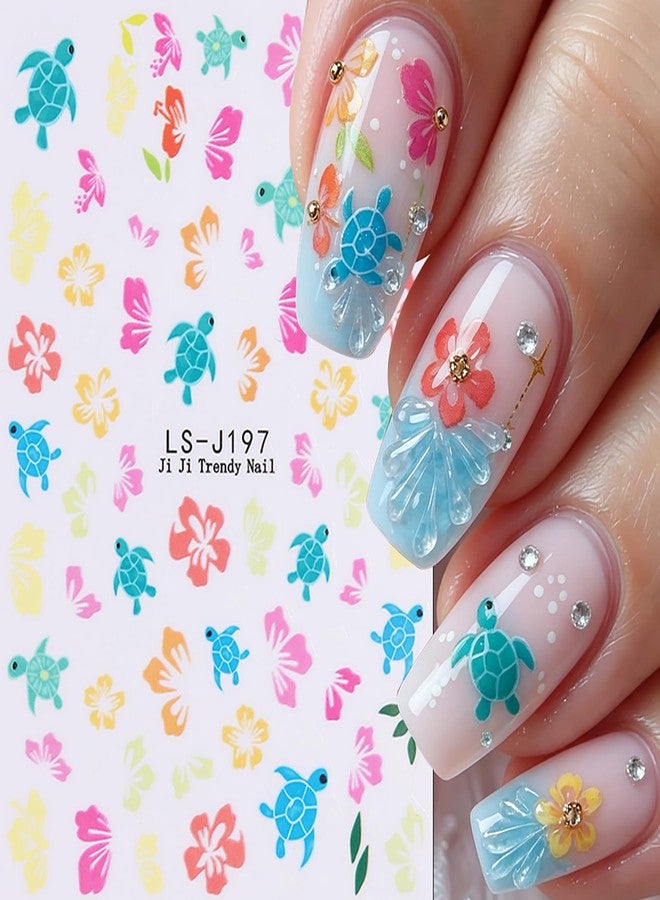 UCCASA Ocean Nail Art Stickers Decals Cartoon Beach Flower Nail Decals 6PCS 3D Self-Adhesive Sea Turtle Starfish Crab Floral Design Manicure Sticker Nail Art Supplies for Women DIY Manicure Nail Decorations - Image 5