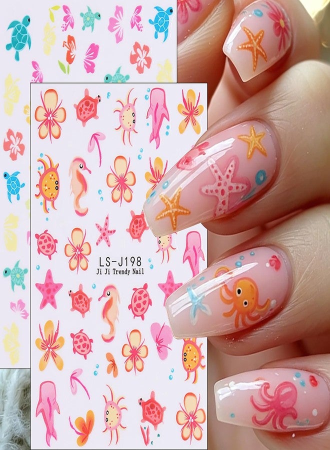 UCCASA Ocean Nail Art Stickers Decals Cartoon Beach Flower Nail Decals 6PCS 3D Self-Adhesive Sea Turtle Starfish Crab Floral Design Manicure Sticker Nail Art Supplies for Women DIY Manicure Nail Decorations - Image 4