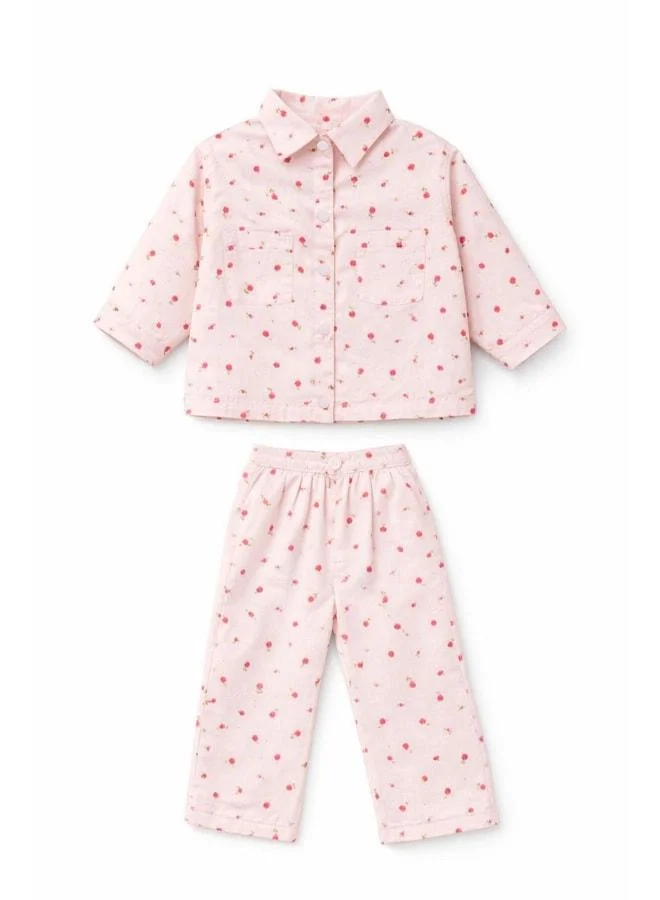 Magu Girls' Cotton Pink Floral Jacket-Collar Pants Set