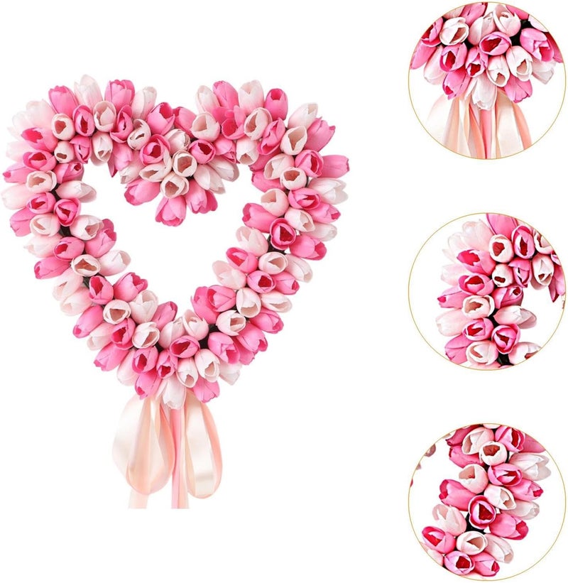 Pink Heart Shaped Wreath Spring Summer Tulip Wreathes Home Decoration Artificial - Image 3