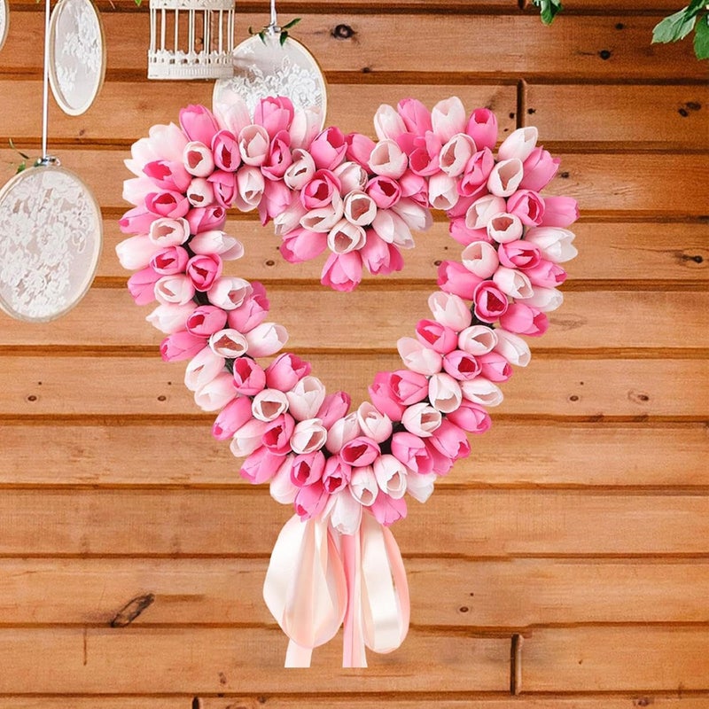 Pink Heart Shaped Wreath Spring Summer Tulip Wreathes Home Decoration Artificial - Image 5