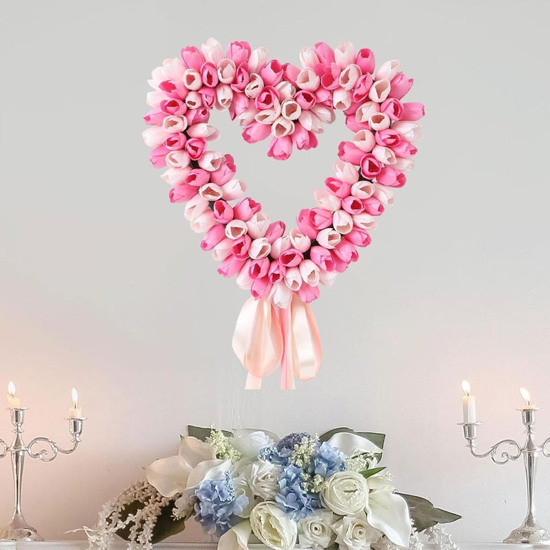 Pink Heart Shaped Wreath Spring Summer Tulip Wreathes Home Decoration Artificial - Image 4