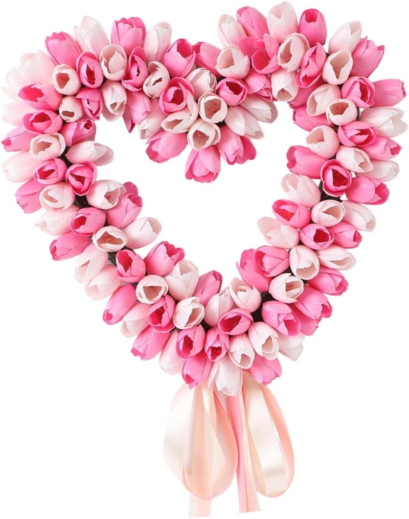 Pink Heart Shaped Wreath Spring Summer Tulip Wreathes Home Decoration Artificial - Image 1