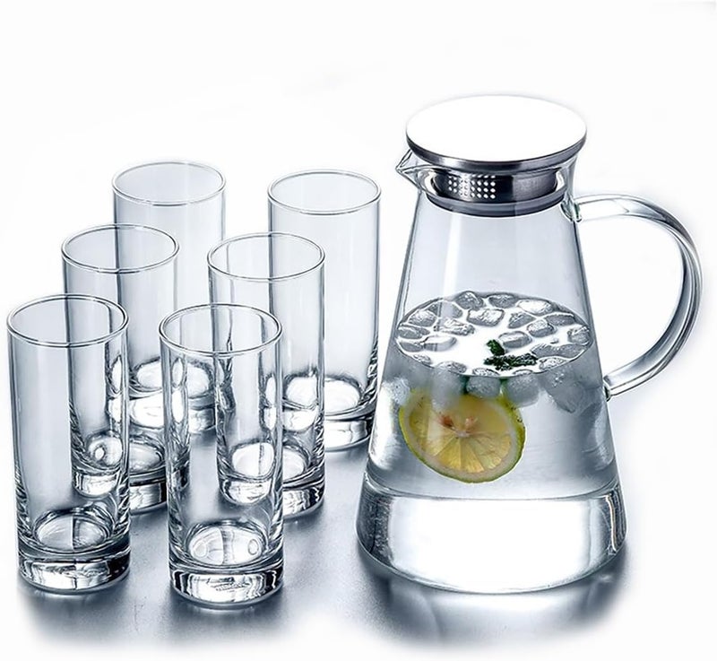 bellemax Premium Water and Juice Glasses Set of 6 and Borosilicate Glass Jug Set Combo,(6 PC Glasses 300ML and 1 Water Jug 1.8 Liter), Transparent, Glass and Jug Set for Dining Table (Traditional- B) - Image 1