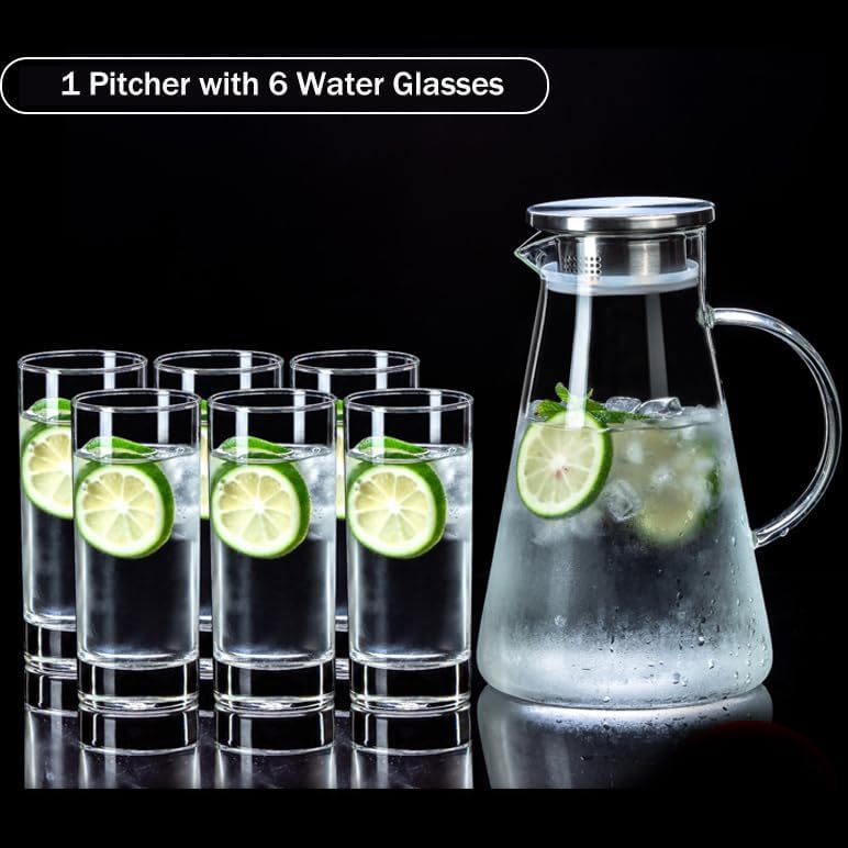 bellemax Premium Water and Juice Glasses Set of 6 and Borosilicate Glass Jug Set Combo,(6 PC Glasses 300ML and 1 Water Jug 1.8 Liter), Transparent, Glass and Jug Set for Dining Table (Traditional- B) - Image 3