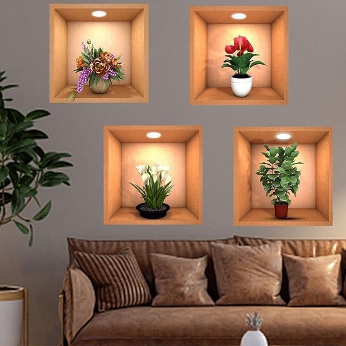 SHREE HANS CREATION 3D Beautiful Decal Flower Pot Design Decorative Wall Sticker 30Cm X 30Cm for Home Living Room Bedroom Waterproof Multi Colour 4 pcs - Image 1