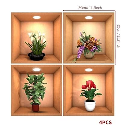 SHREE HANS CREATION 3D Beautiful Decal Flower Pot Design Decorative Wall Sticker 30Cm X 30Cm for Home Living Room Bedroom Waterproof Multi Colour 4 pcs - Image 4